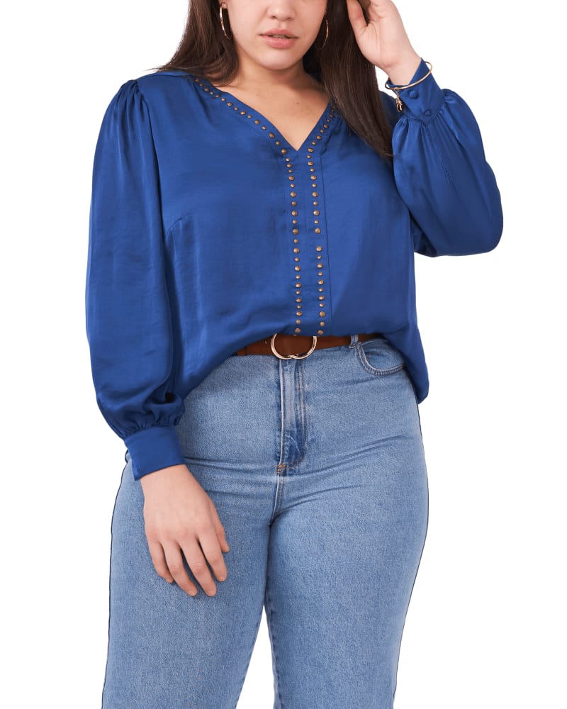 Front of a model wearing a size 1X Ivy Embellished Blouse in DEEP BLUE by Vince Camuto. | dia_product_style_image_id:261438